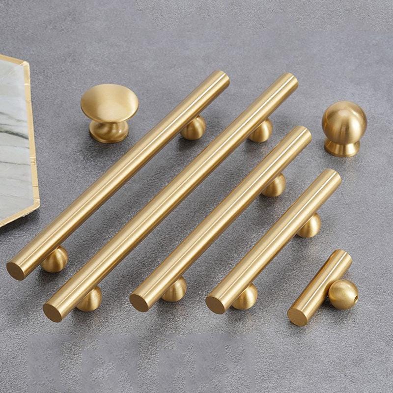 Gold Finish Solid Brass Cabinet Handles Modern Style Sleek Cylindrical Pulls Minimalist Furniture Knobs Drawer Kitchen Wardrobe Hardware