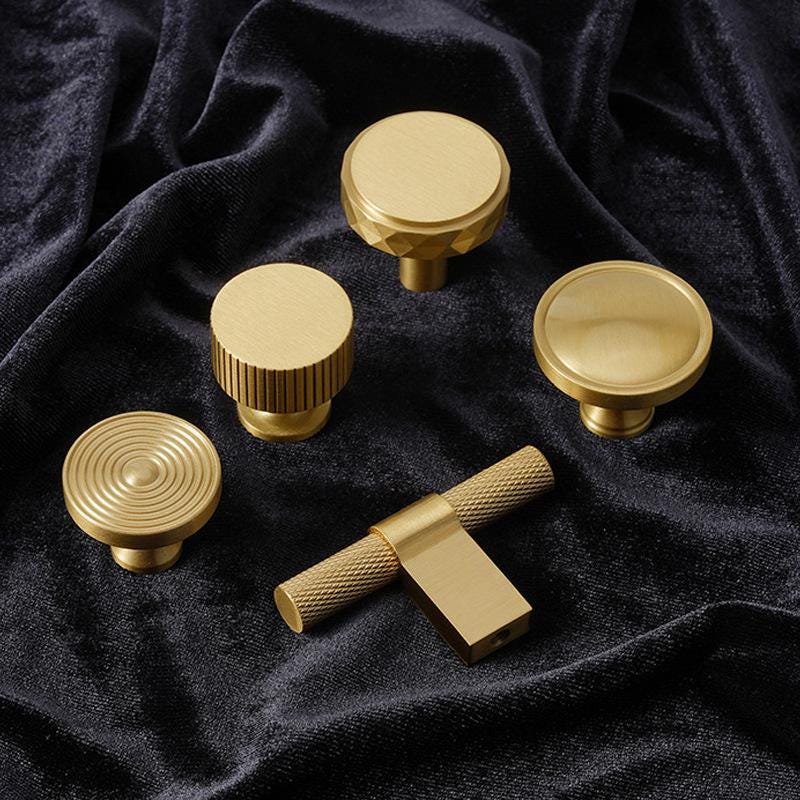 Solid Brass Cabinet Knobs Handles Set Brushed Gold Finish Modern Textured Pulls Kitchen Cabinets Wardrobe Drawers Furniture Doors