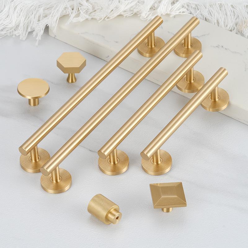 Solid Brass Cabinet Handles Knobs Set Brushed Gold Modern Pulls for Kitchen Cabinets Wardrobe Drawers Furniture Cupboard Closet Doors