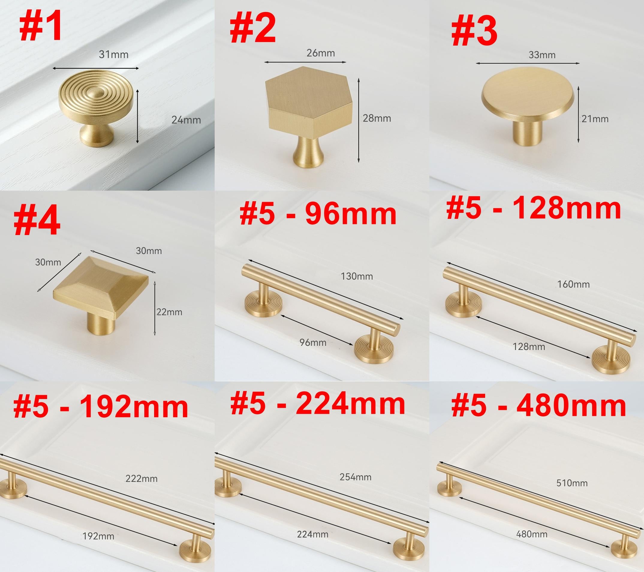 Solid Brass Cabinet Handles Knobs Set Brushed Gold Modern Pulls for Kitchen Cabinets Wardrobe Drawers Furniture Cupboard Closet Doors