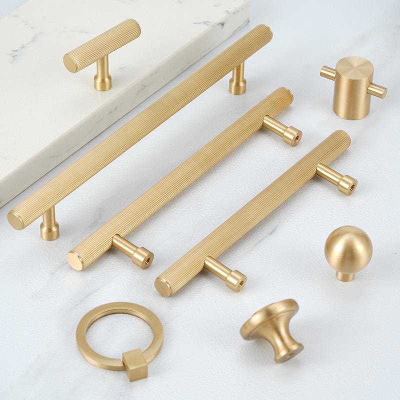 Solid Brass Cabinet Handles Knobs Ring Pulls Brushed Gold Furniture Hardware Kitchen Closet Drawer Modern Minimalist Interior Decor