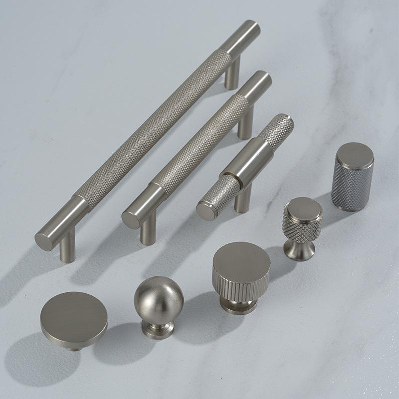 Solid Brass Knurled Texture Cabinet Handles Drawer Pulls Wardrobe Knobs Matte Nickel Finish Furniture Hardware Modern Industrial Style