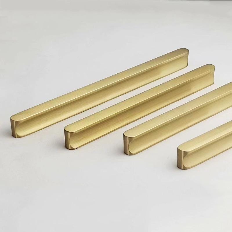 Solid Brass Edge Pulls Gold Kitchen Cabinet Handles Modern Minimalist Drawer Hardware for Wardrobe Dresser Cupboard Renovation