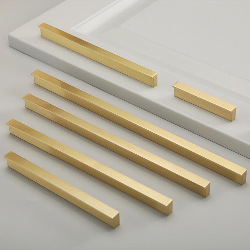 Solid Brass Edge Pulls Gold Kitchen Cabinet Handles Modern Minimalist Drawer Hardware for Wardrobe Dresser Cupboard Renovation