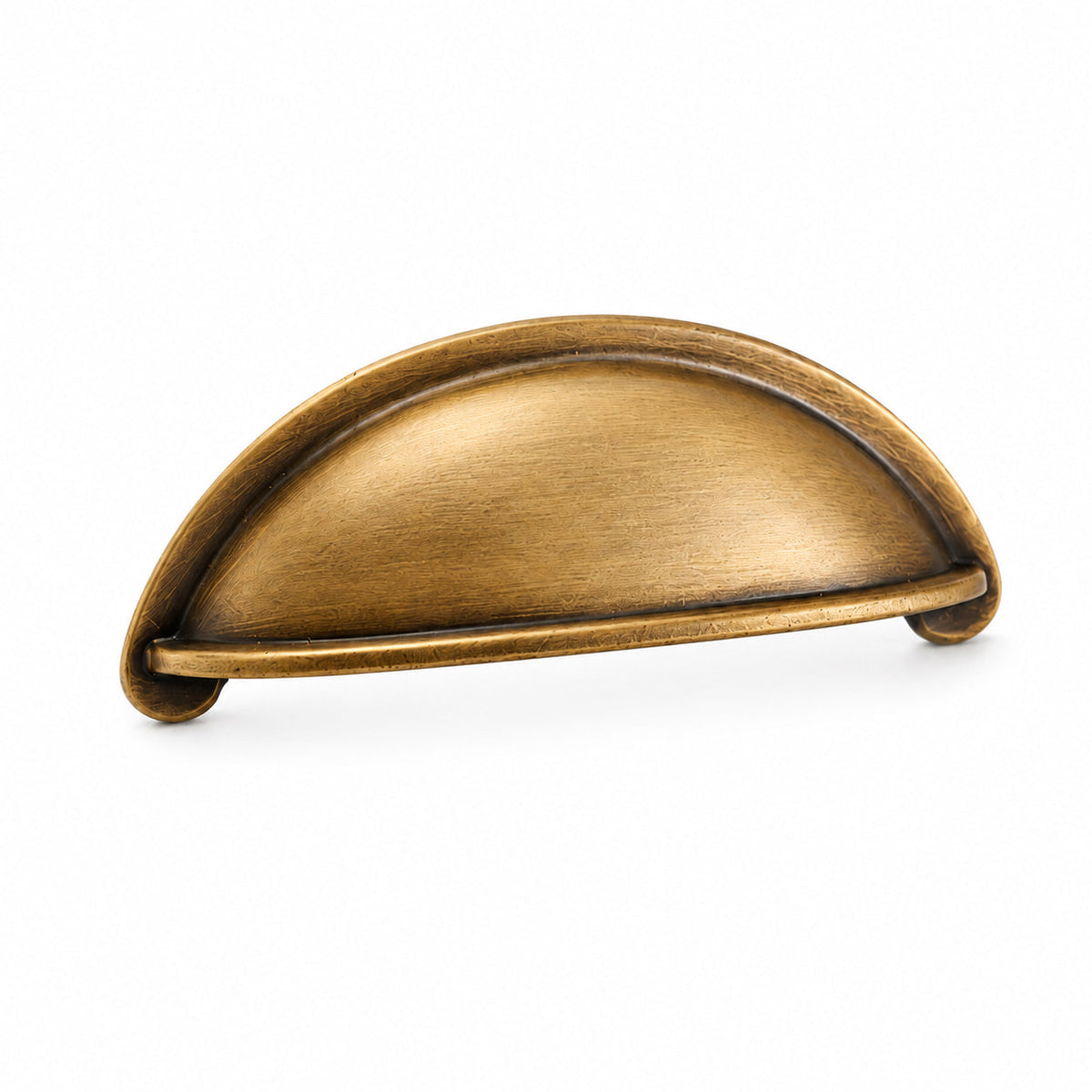 Open-Back Cup Pull in Burnished Brass, angled view.