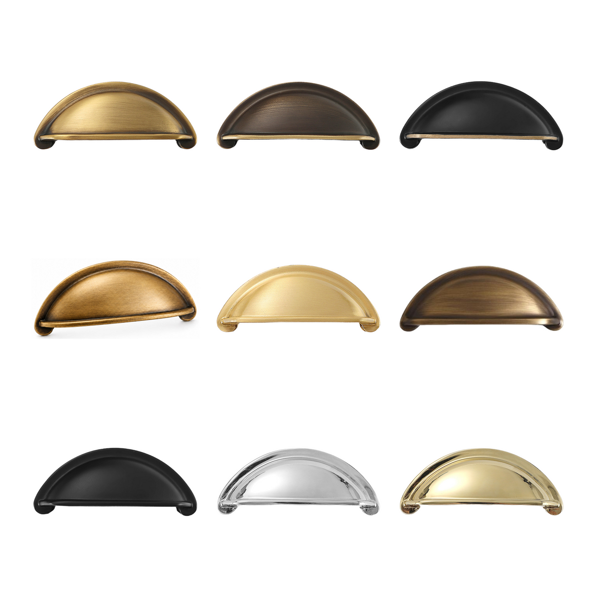 Open-Back Cup Pull shown in 9 finishes.