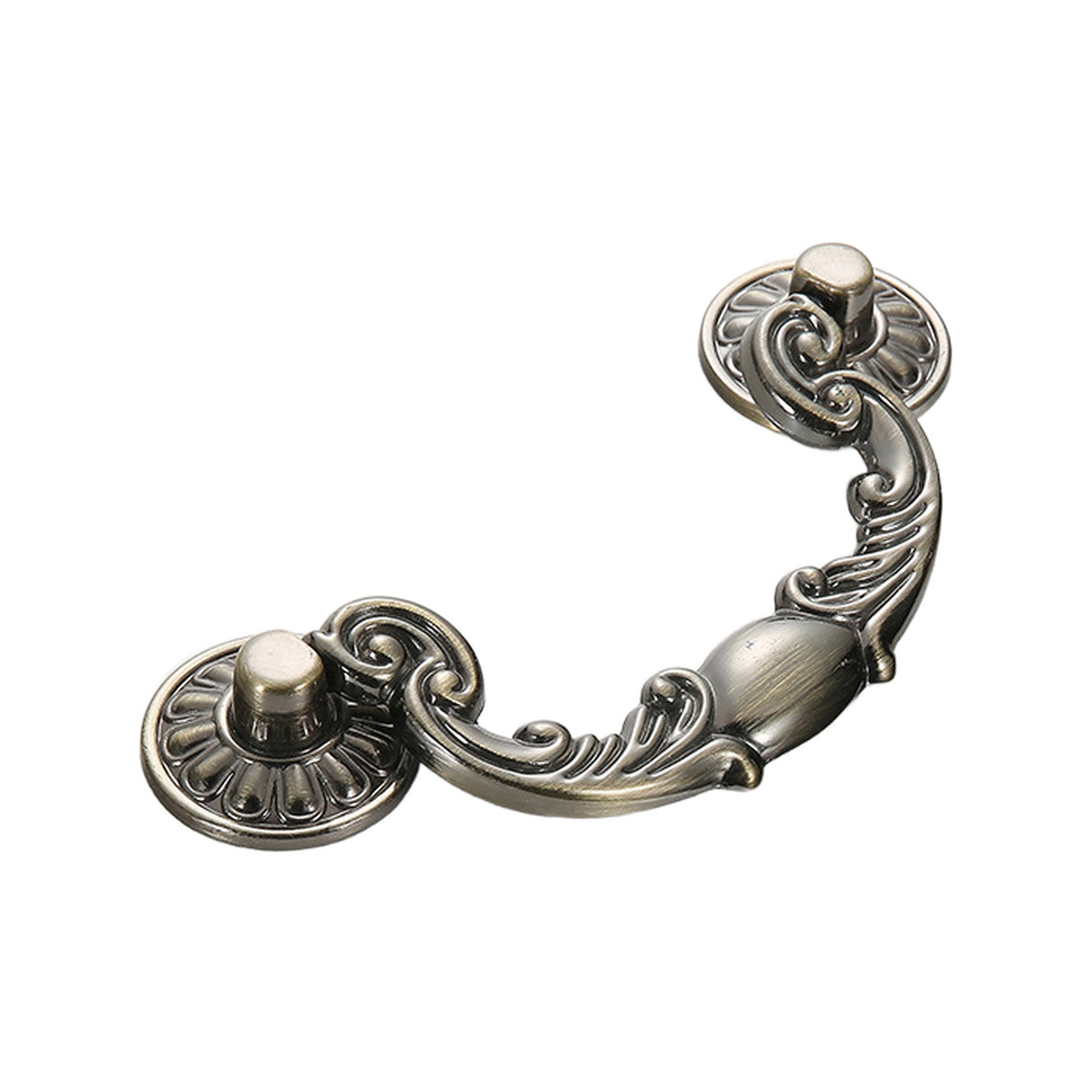 Ornate bronze-finish cabinet pull with a curved handle and round mounting plates on a white background