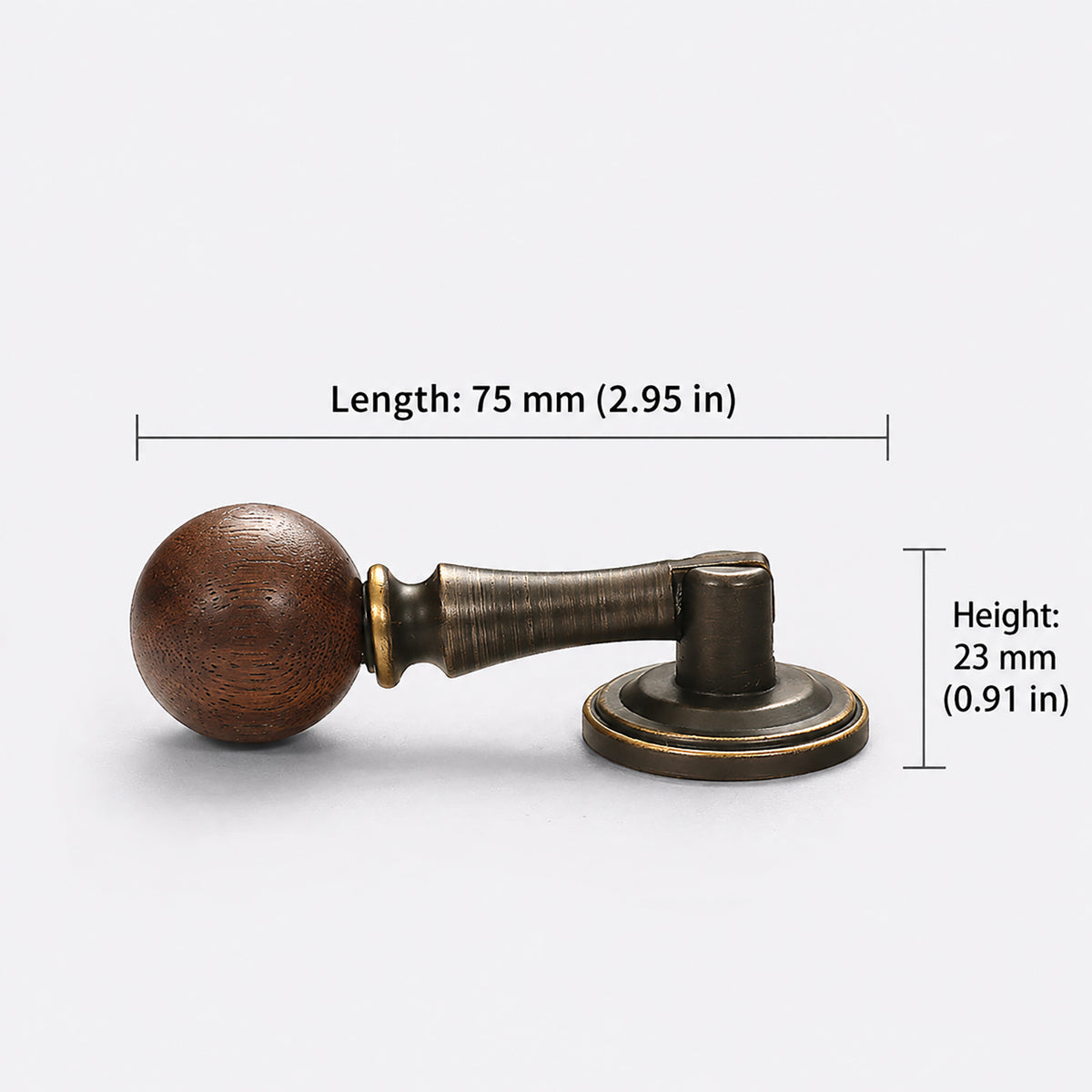 Measurements for dark wood ball drop pull with antique bronze brass mount, style #11.