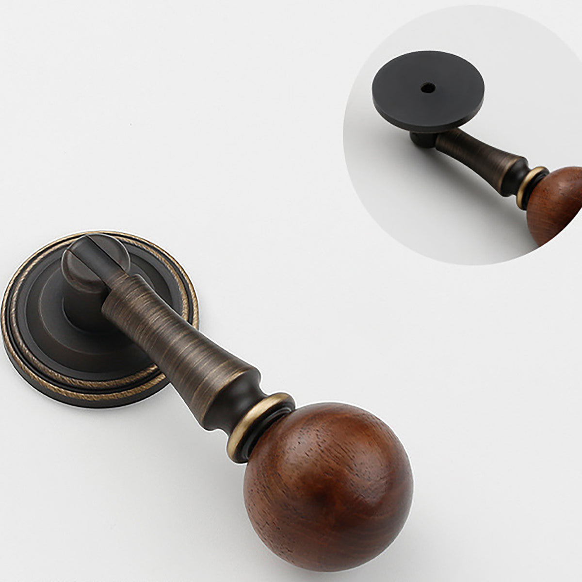 Side and mounting view of dark wood ball drop pull with antique bronze brass mount, style #11.