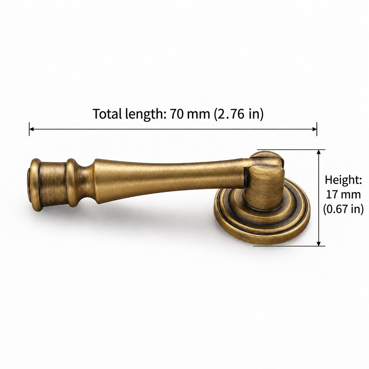 Measurements for swinging bar brass drop pull with brushed bronze finish, style #11.