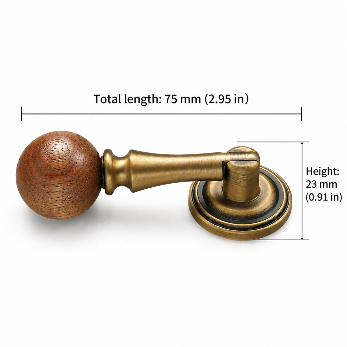 Measurements for wood-ended swinging bar brass drop pull with brushed bronze finish, style #12.
