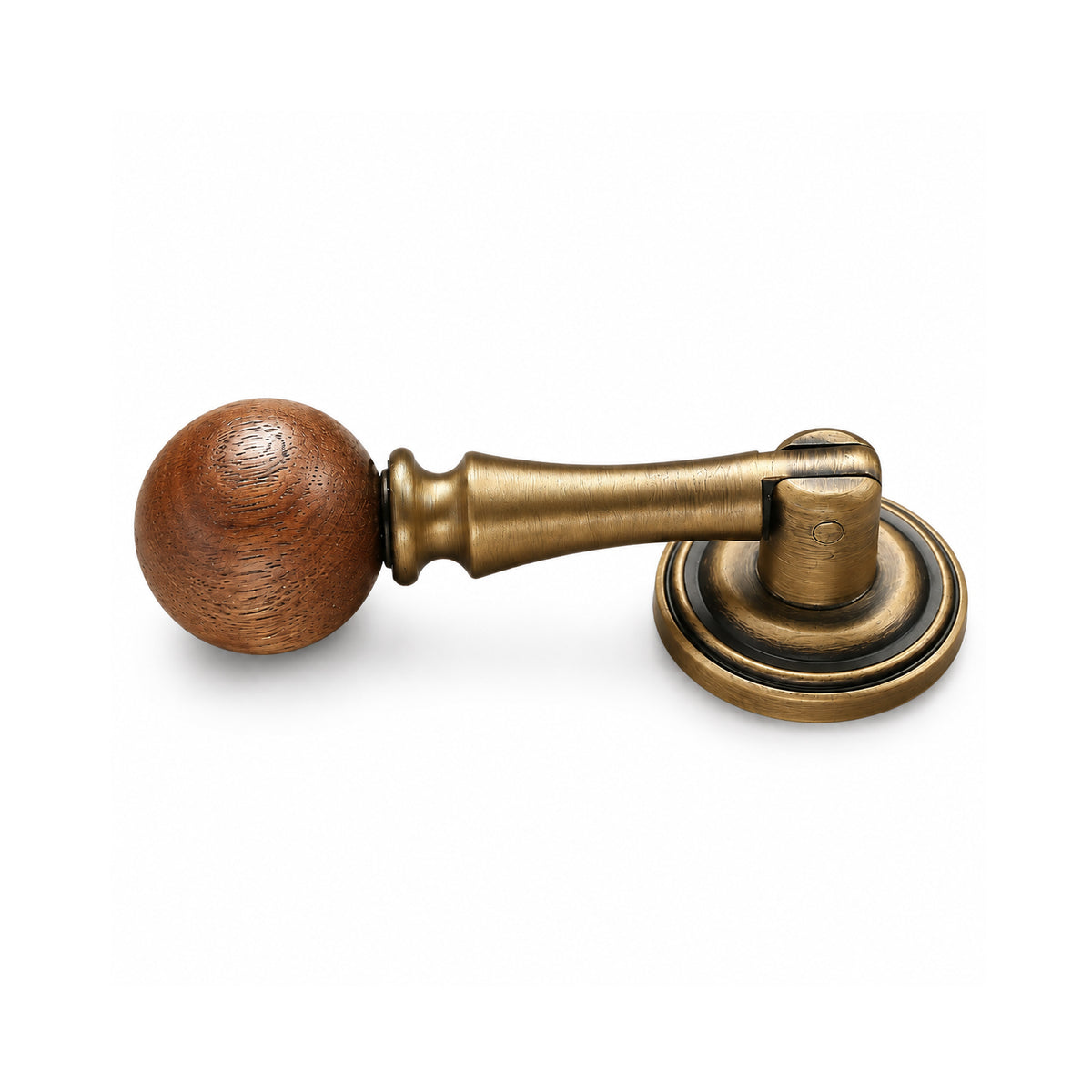Wood-ended swinging bar brass drop pull with brushed bronze finish, style #12.