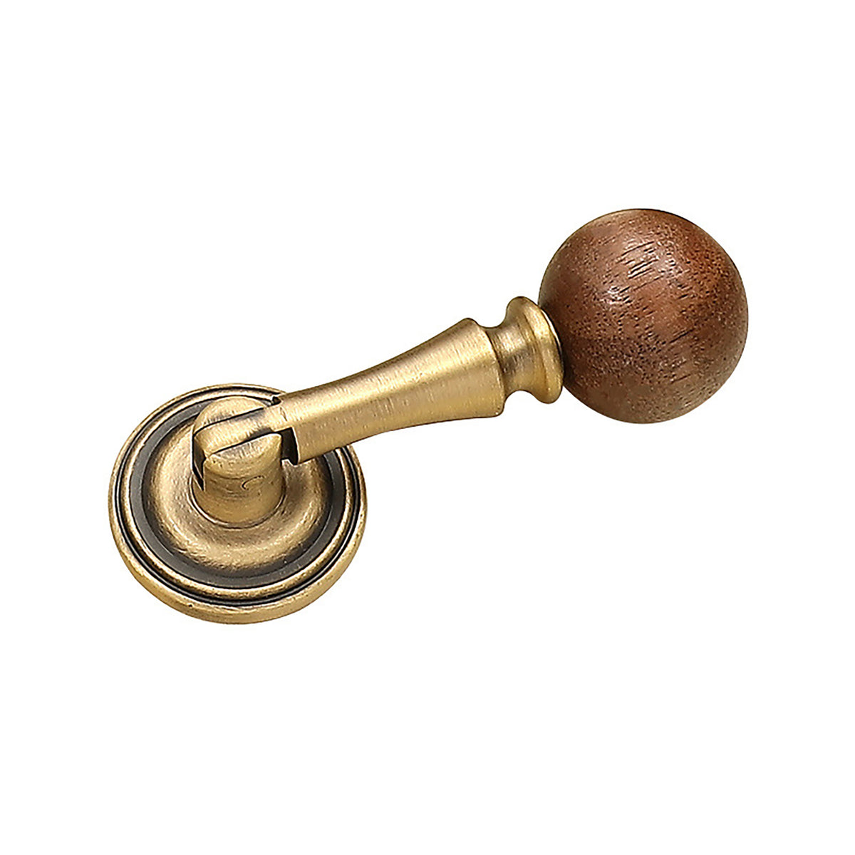 Additional view of wood-ended swinging bar brass drop pull with brushed bronze finish, style #12.
