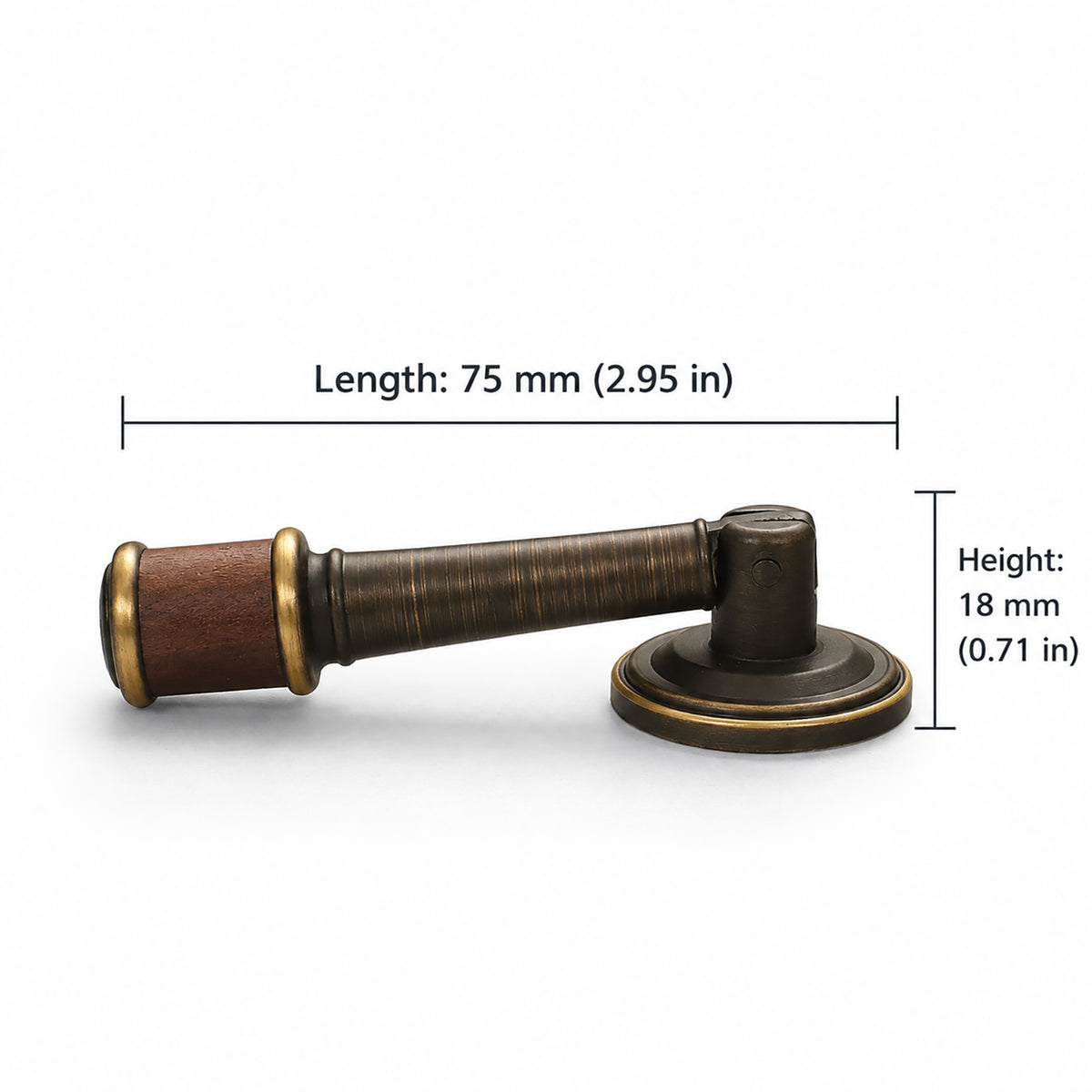 Measurements for wood-ended antique bronze brass drop pull, style #19.