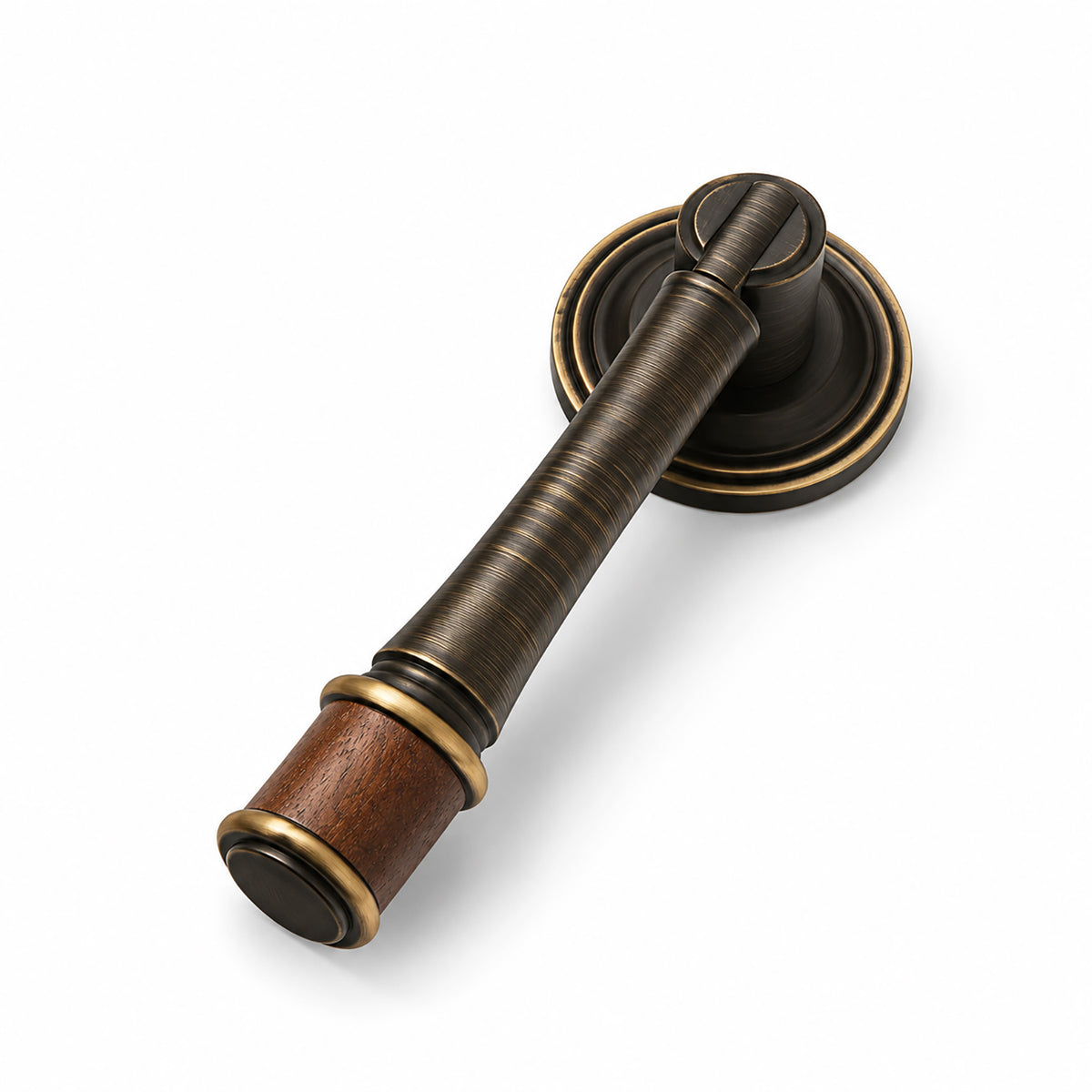 Side and mounting view of wood-ended antique bronze brass drop pull, style #19.