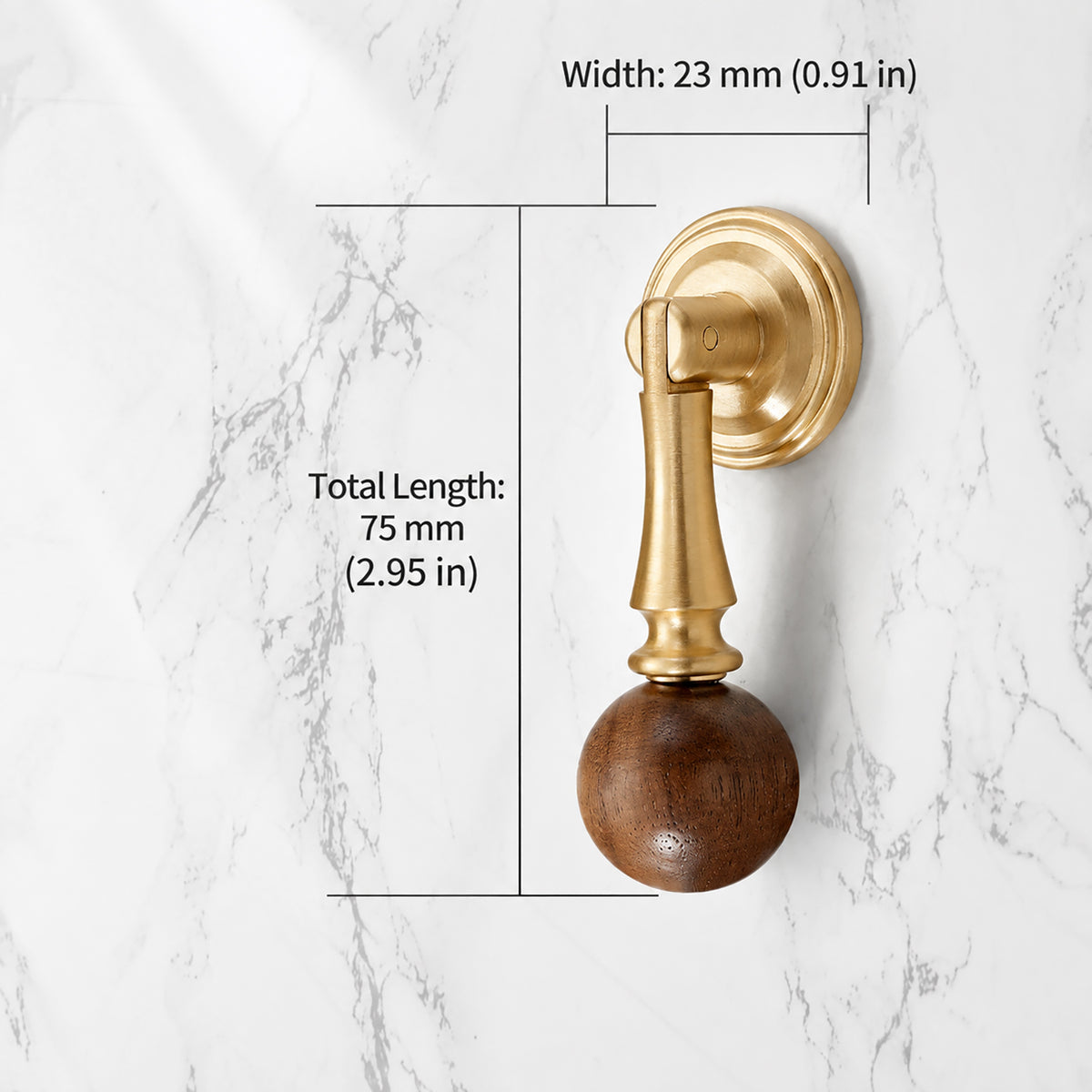 Measurements for brass drop pull with dark wood ball end, style #4 Brass.