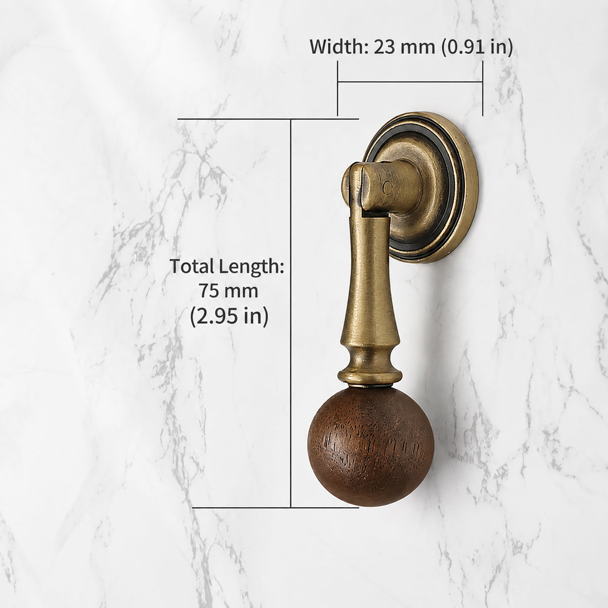 Measurements for bronze-finish drop pull with dark wood ball end, style #4 Bronze.