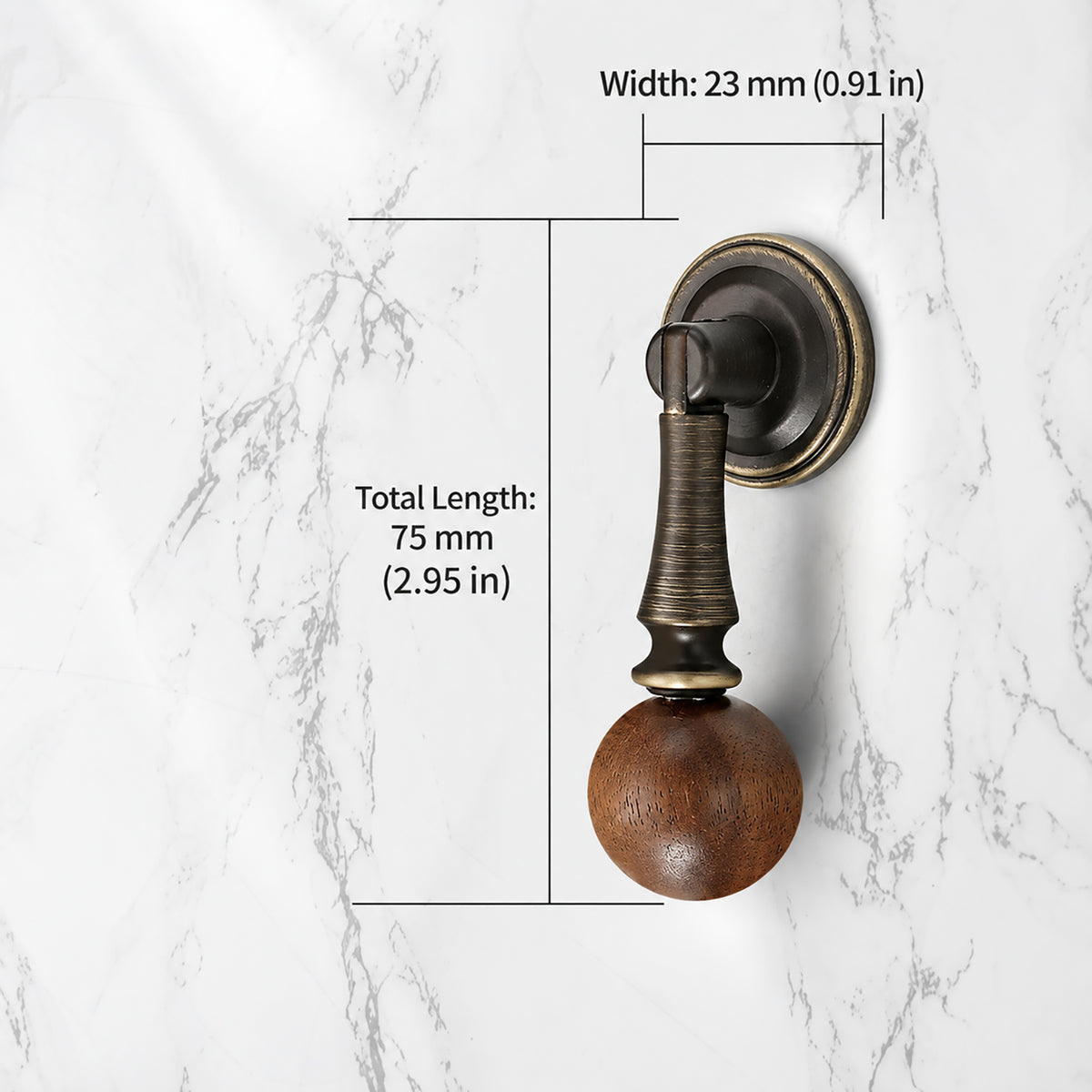 Measurements for coffee-finish drop pull with dark wood ball end, style #4 Coffee.