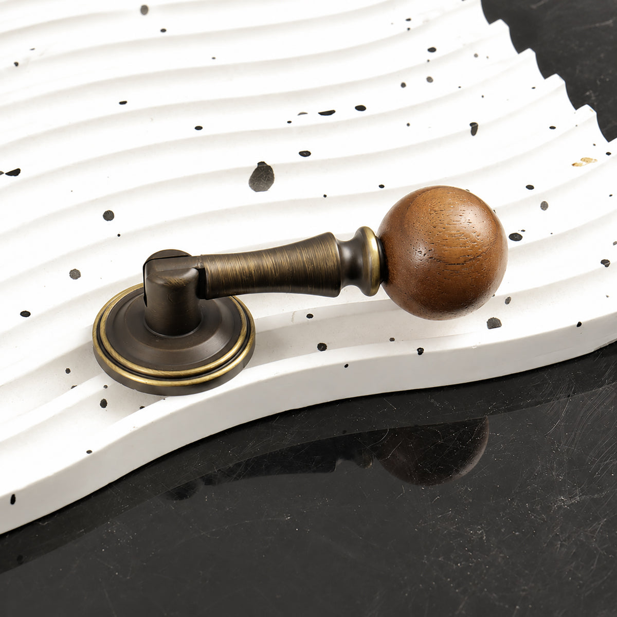 Side and mounting view of coffee-finish drop pull with dark wood ball end, style #4 Coffee.