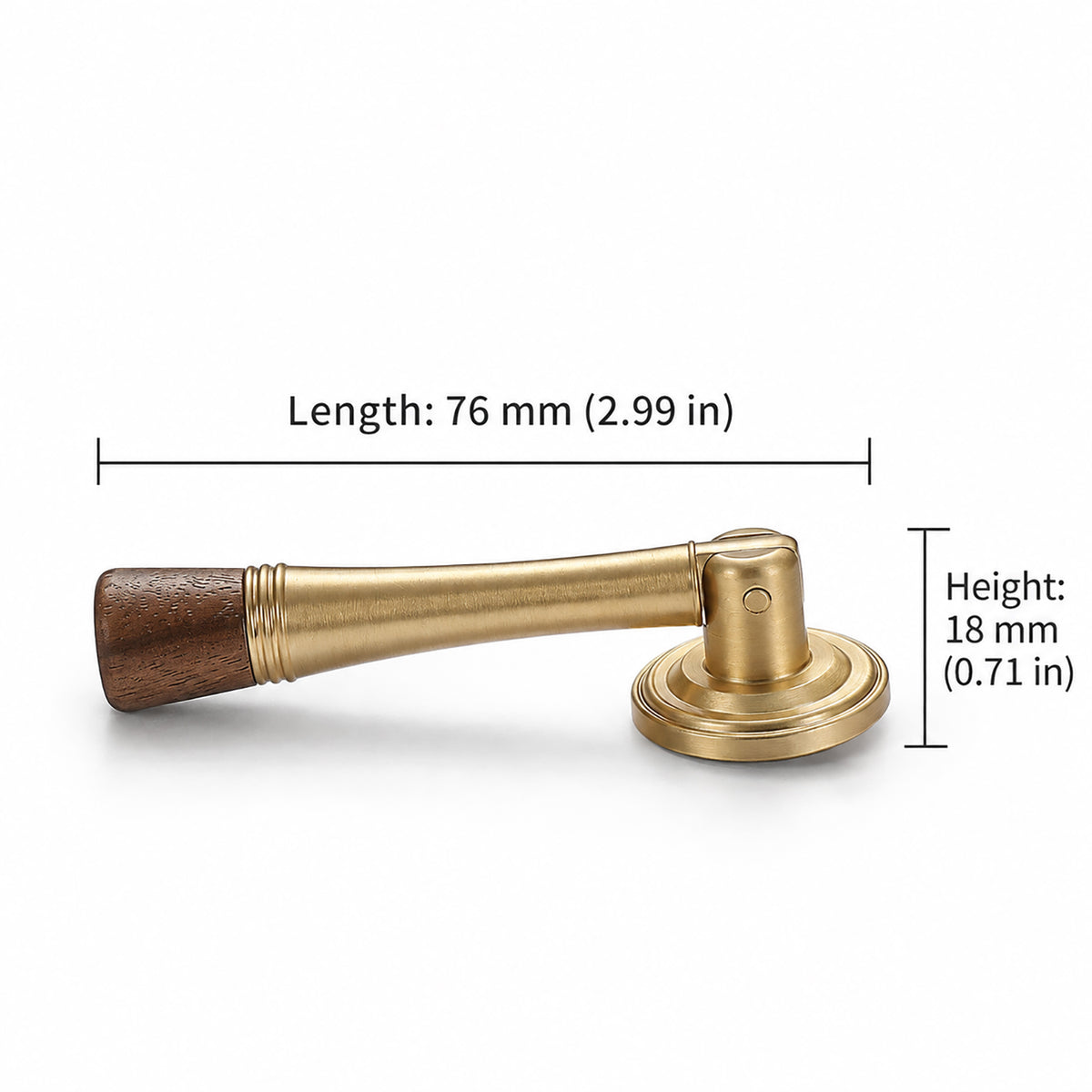 Measurements for dark wood-ended brass drop pull with round mounting plate, style #7 Brass (76 mm).