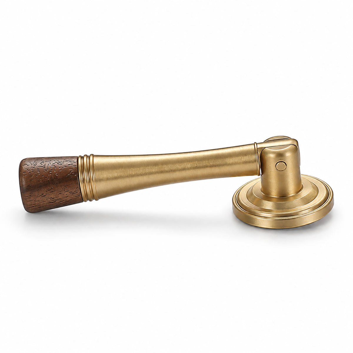 Dark wood-ended brass drop pull with round mounting plate, style #7 Brass (76 mm).