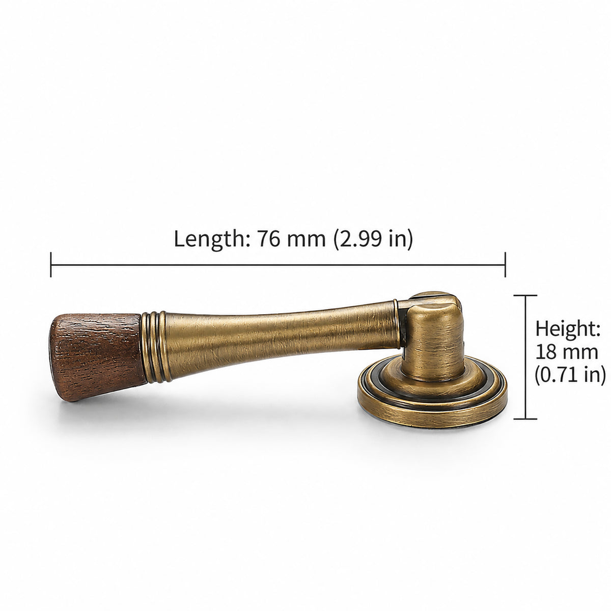 Measurements for dark wood-ended bronze-finish drop pull with round mounting plate, style #7 Bronze (76 mm).