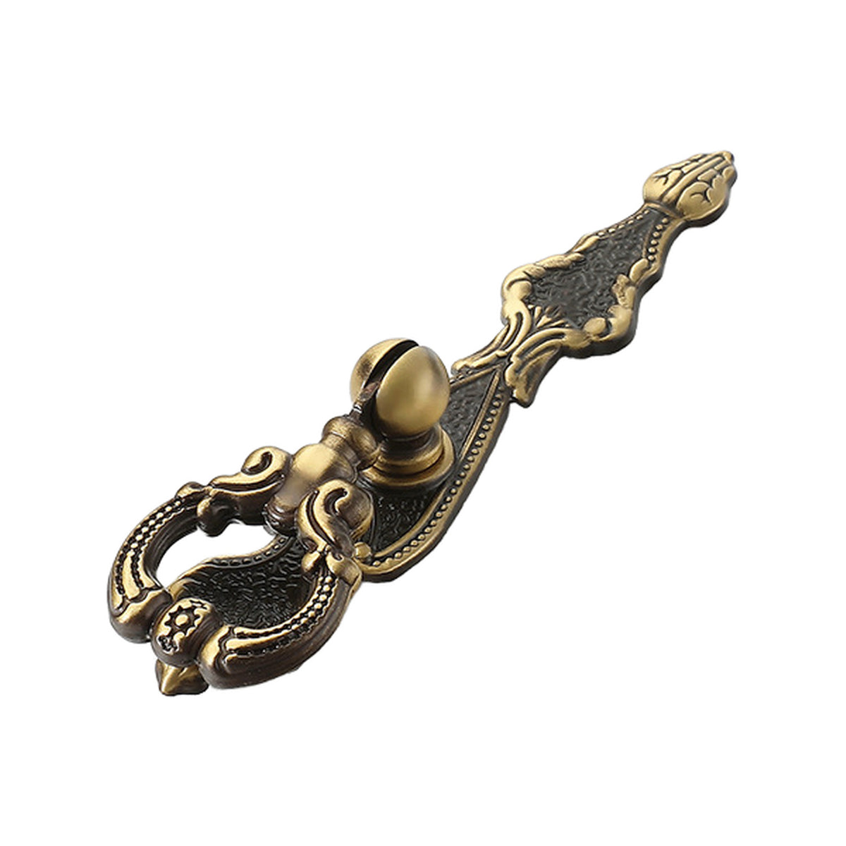 Antique bronze-tone drop pull with an ornate backplate, 118 mm, option No. 2.