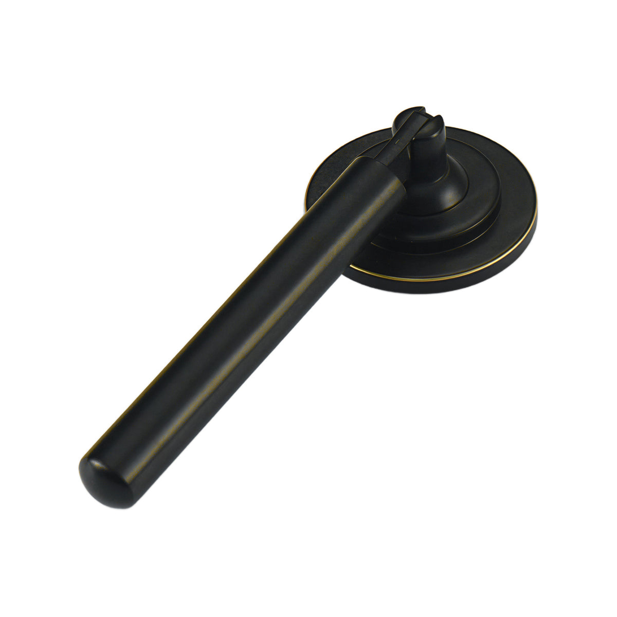 Black hinged straight drop pull with a round backplate, option No. 9.