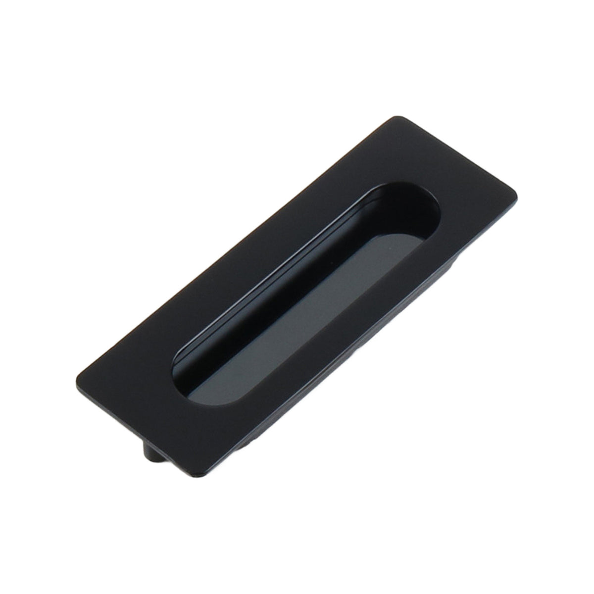 Black rectangular recessed cabinet pull with an oval finger grip, 106 mm.