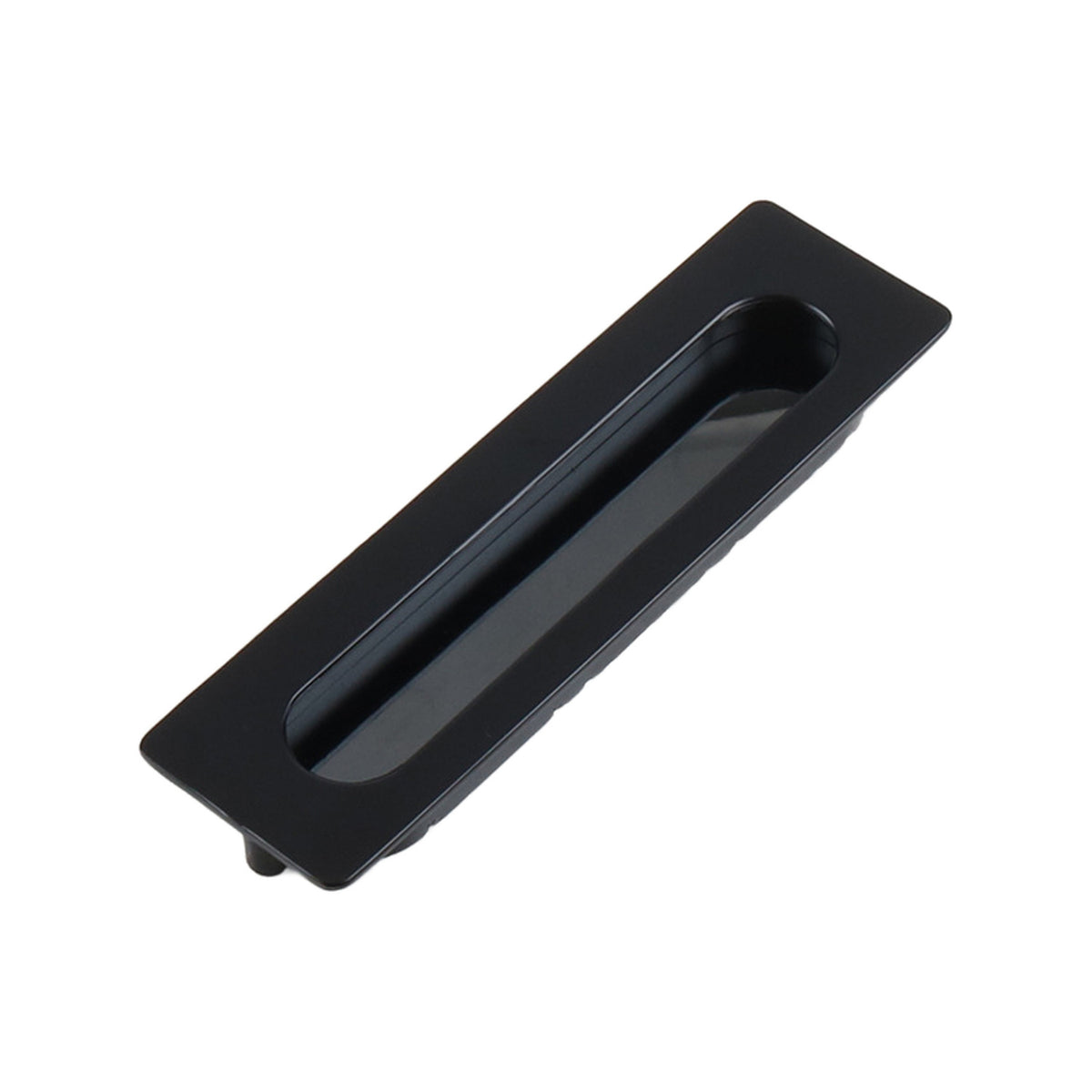 Black rectangular recessed cabinet pull with an oval finger grip, 138 mm.