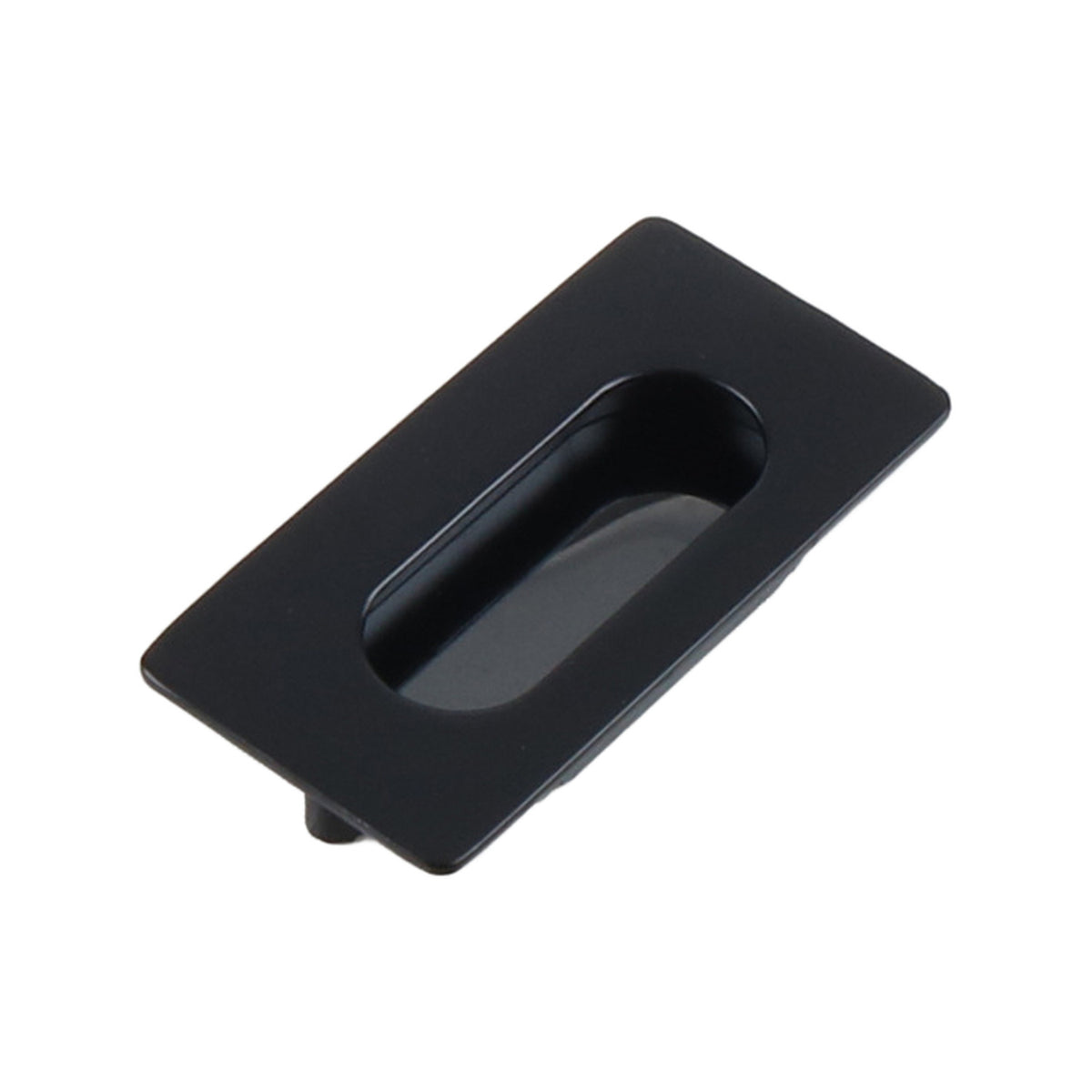Black rectangular recessed cabinet pull with an oval finger grip, 75 mm.