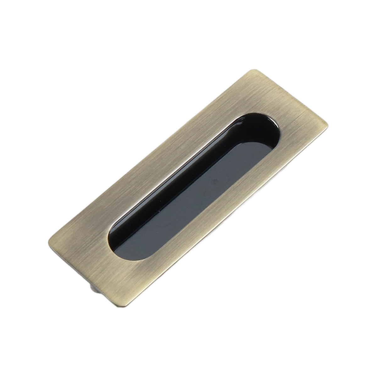 Bronze-tone rectangular recessed cabinet pull with a dark finger grip, 106 mm.