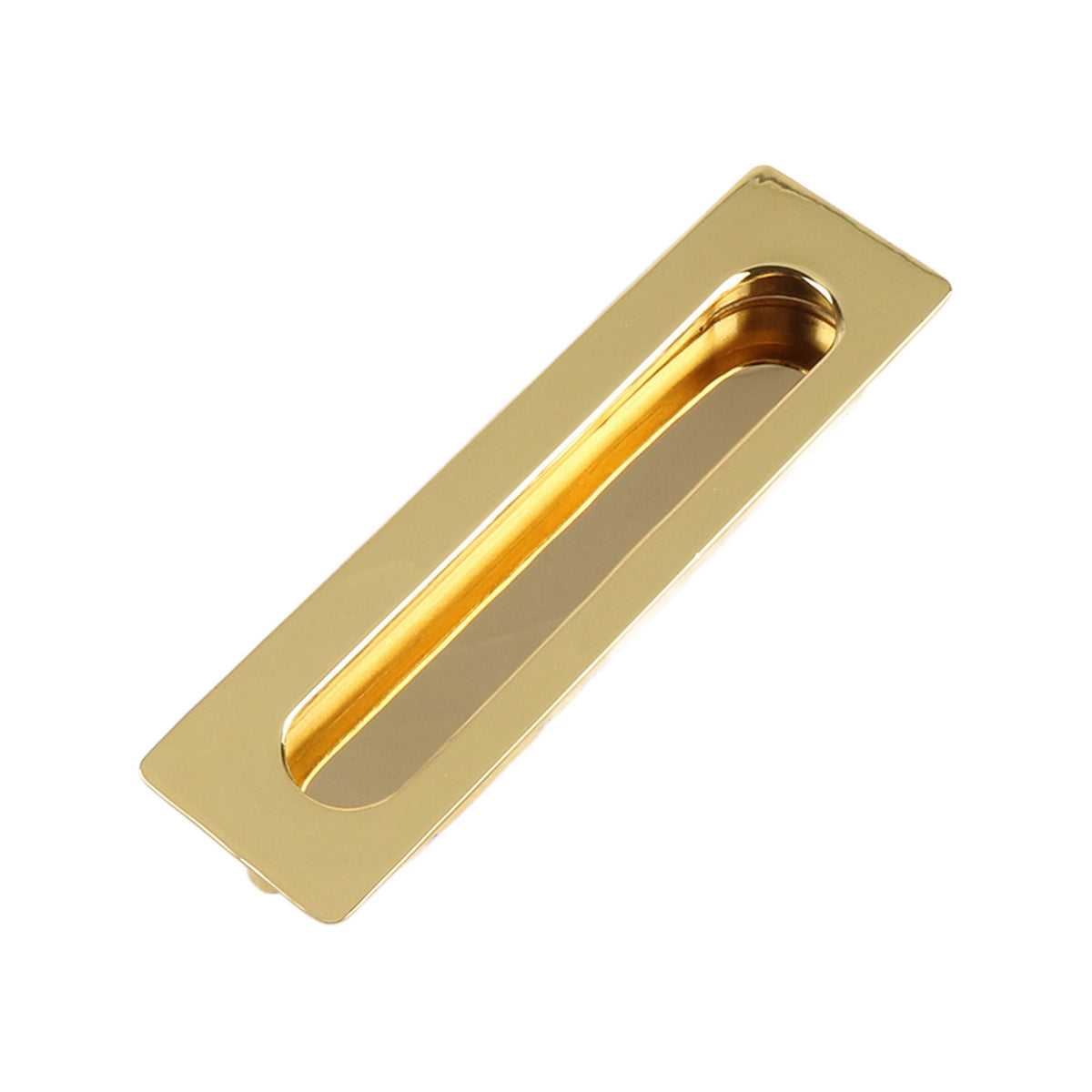 Gold-tone rectangular recessed cabinet pull with a rounded finger grip, 138 mm.