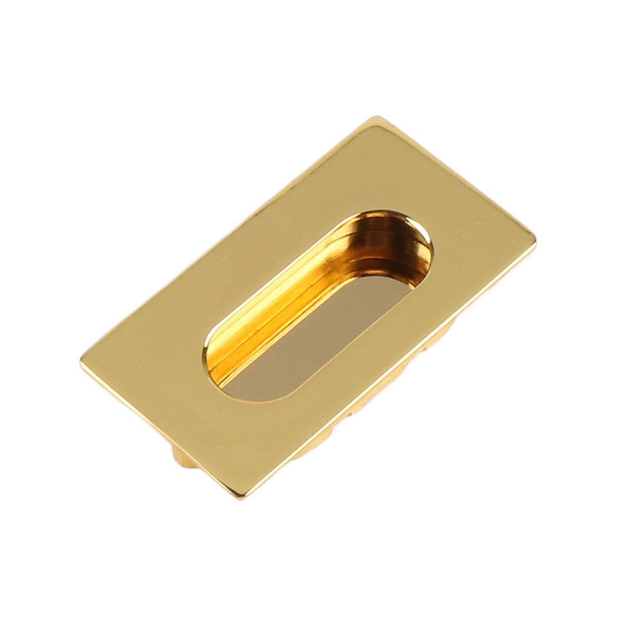 Gold-tone rectangular recessed cabinet pull with a rounded finger grip, 75 mm.