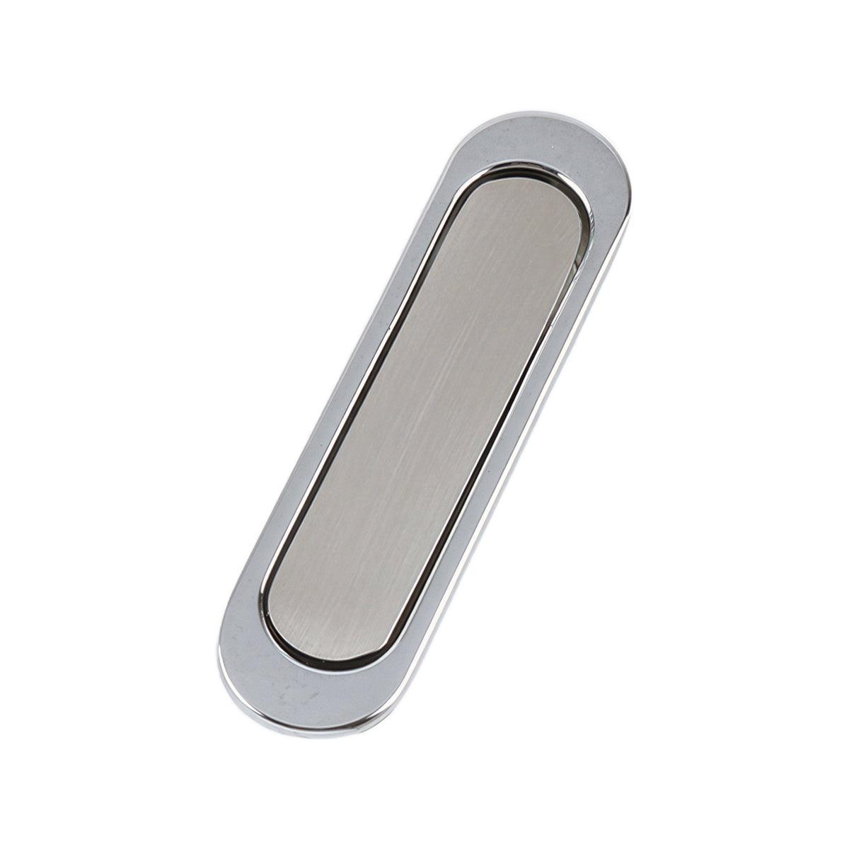 Oval silver-tone flush pull with a dark outline around the inset, option No. 3, 68 mm.