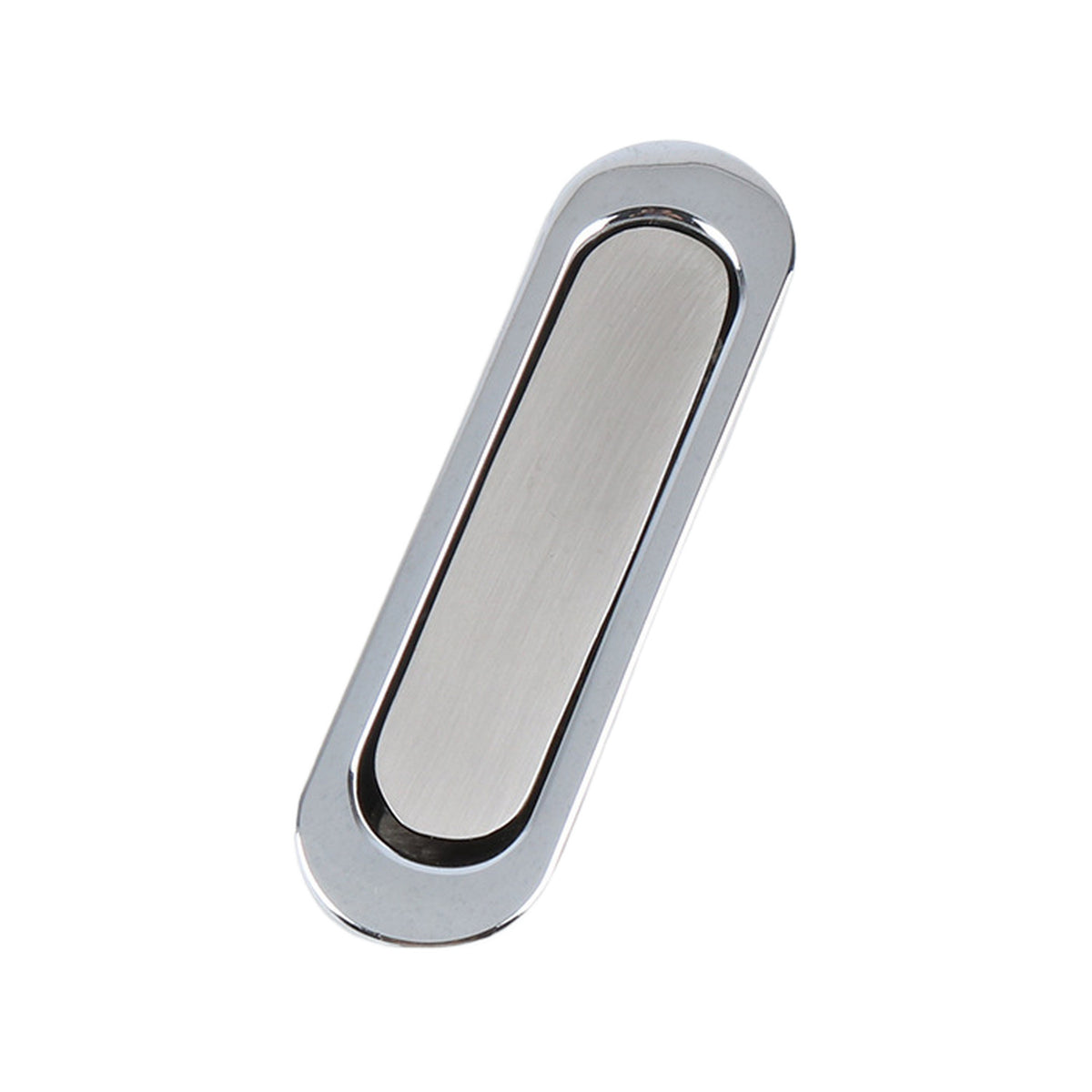 Oval silver-tone flush pull with a dark outline around the inset, option No. 3, 90 mm.