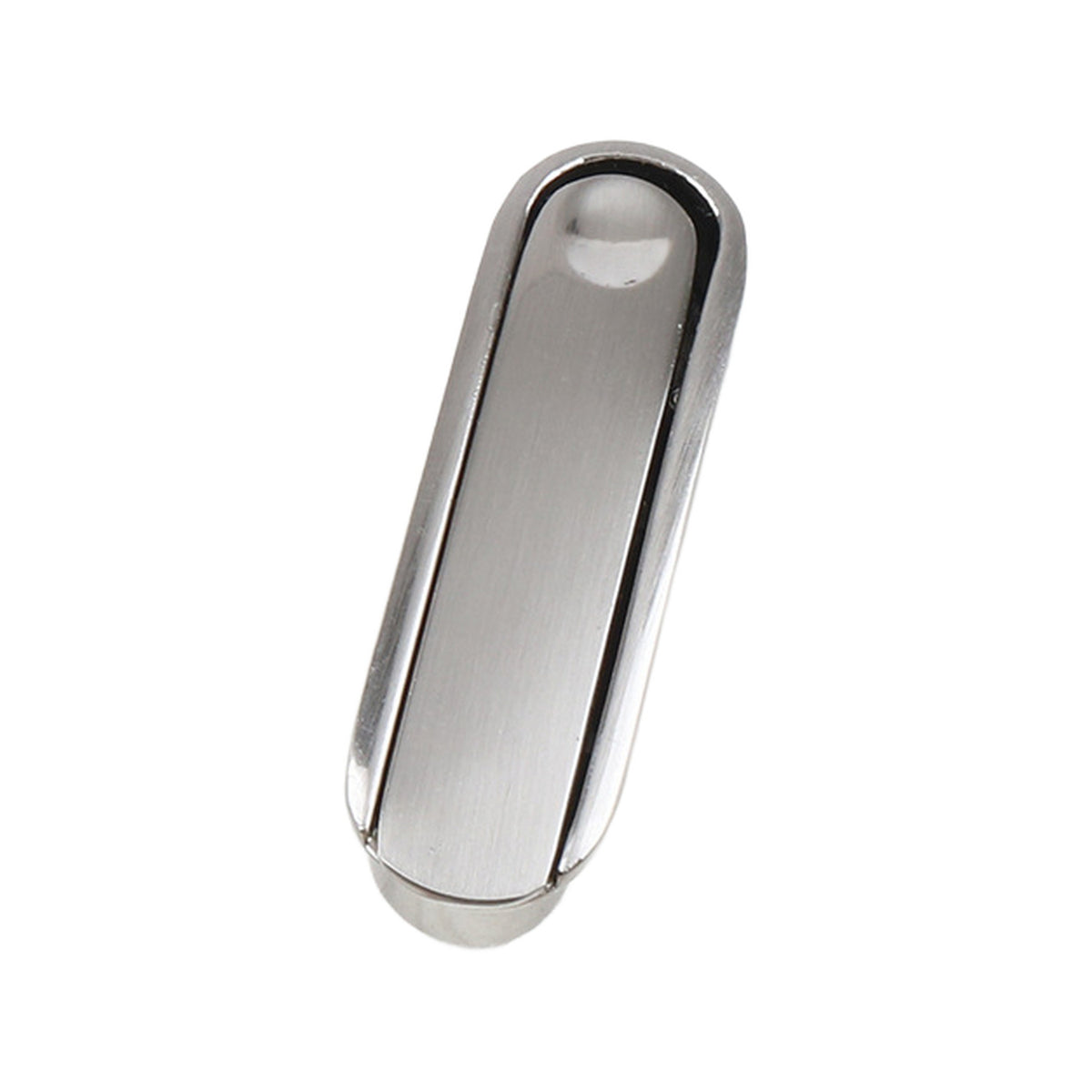 Oval silver-tone flush pull with a smooth recessed face, option No. 2, 59 mm.