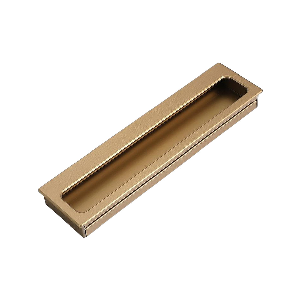 Bronze-tone recessed cabinet pull with a long rectangular finger recess.