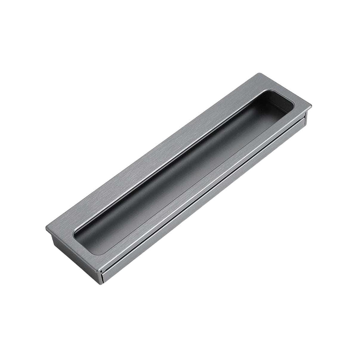 Gray recessed cabinet pull with a long rectangular finger recess.