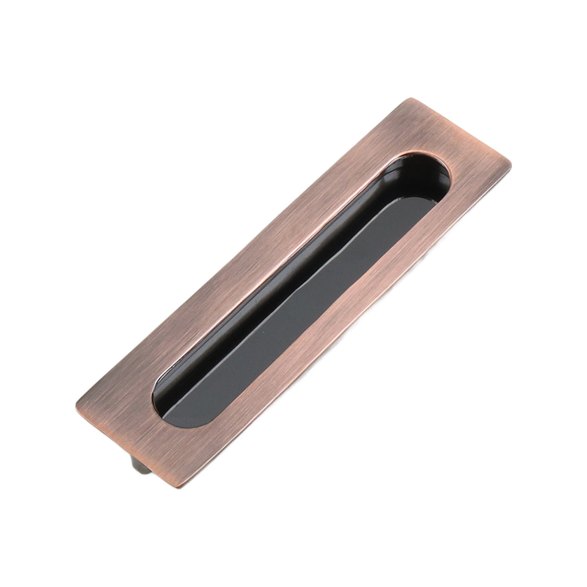 Reddish bronze-tone rectangular recessed cabinet pull with a dark finger grip, 138 mm.