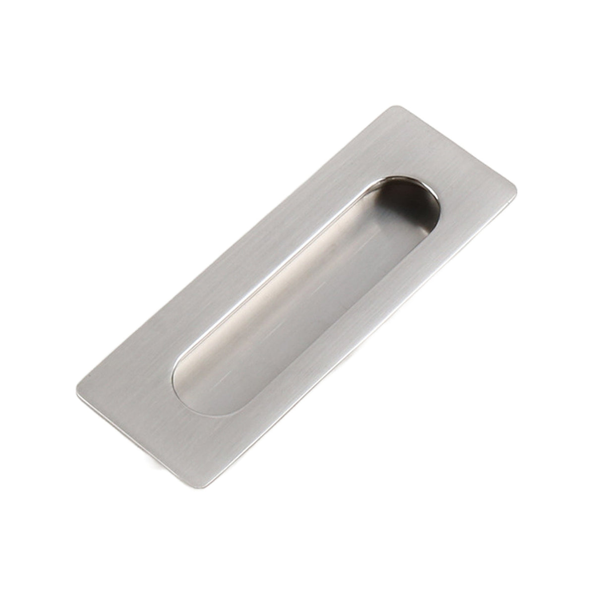 Brushed silver-tone rectangular recessed cabinet pull with an oval finger grip, 106 mm.