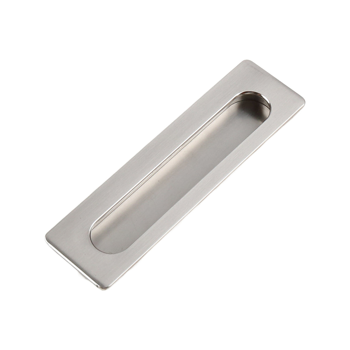 Brushed silver-tone rectangular recessed cabinet pull with an oval finger grip, 138 mm.