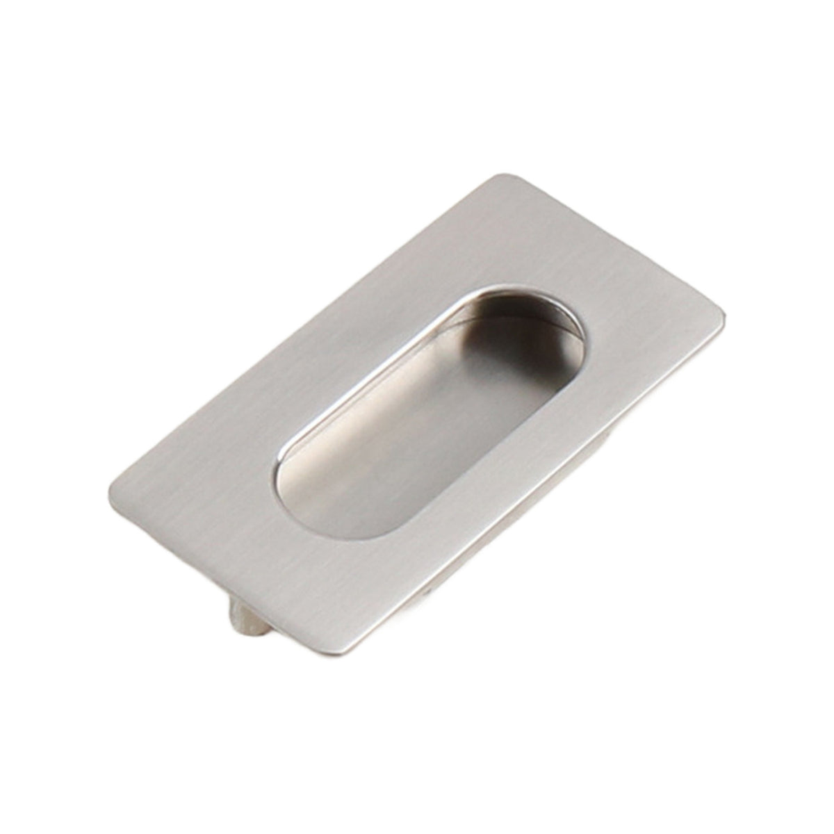 Brushed silver-tone rectangular recessed cabinet pull with an oval finger grip, 75 mm.