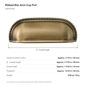 Dimensions of the ribbed-rim arch cup pull in Aged Brass: 64 mm center-to-center, 88 mm long, 34 mm wide and 20 mm projection.