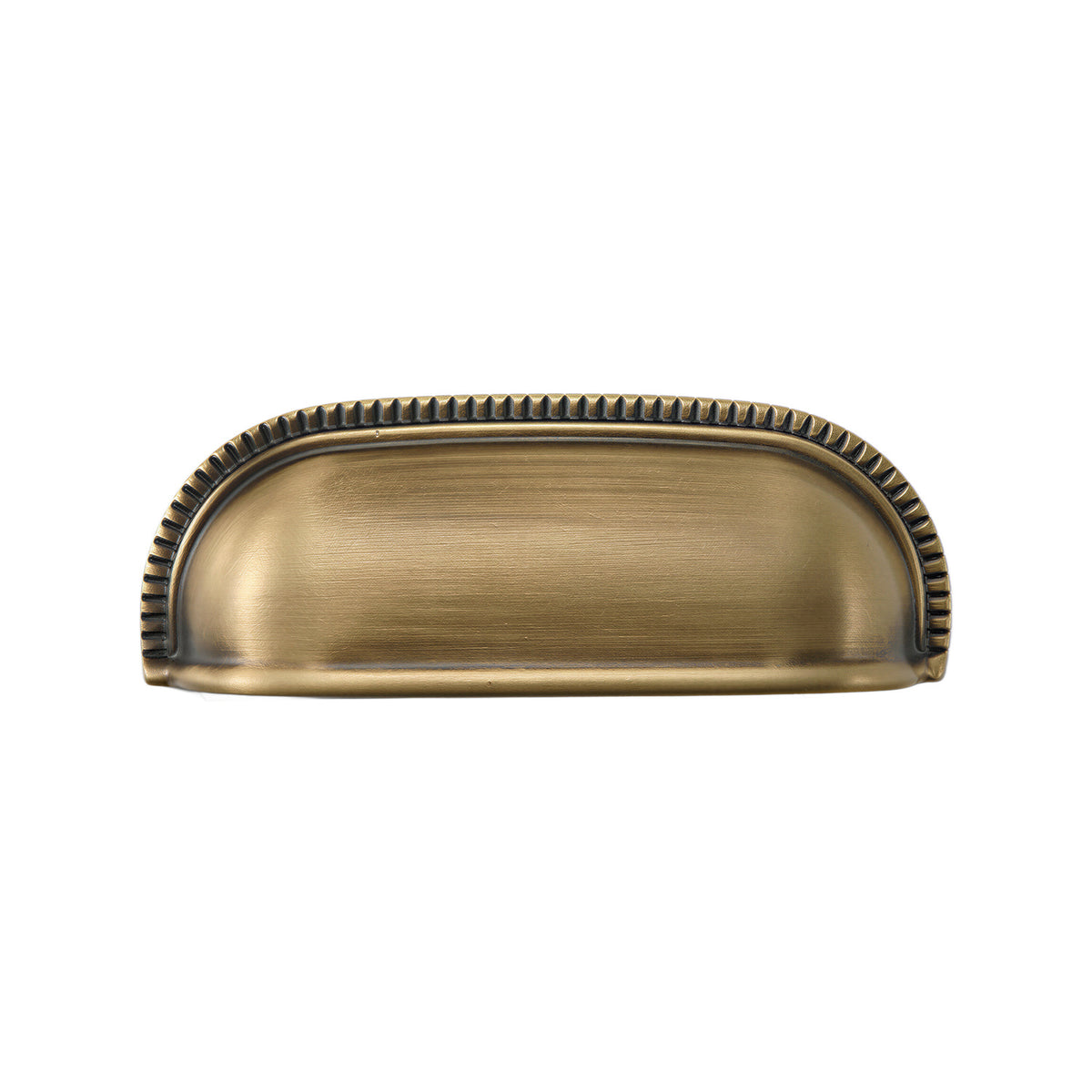 Ribbed-Rim Arch Cup Pull in Aged Brass, front view.