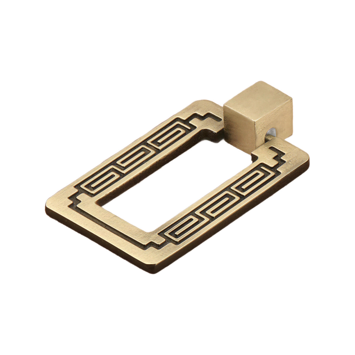 Black and brass-tone square ring pull with a Greek key pattern, option No. 4.
