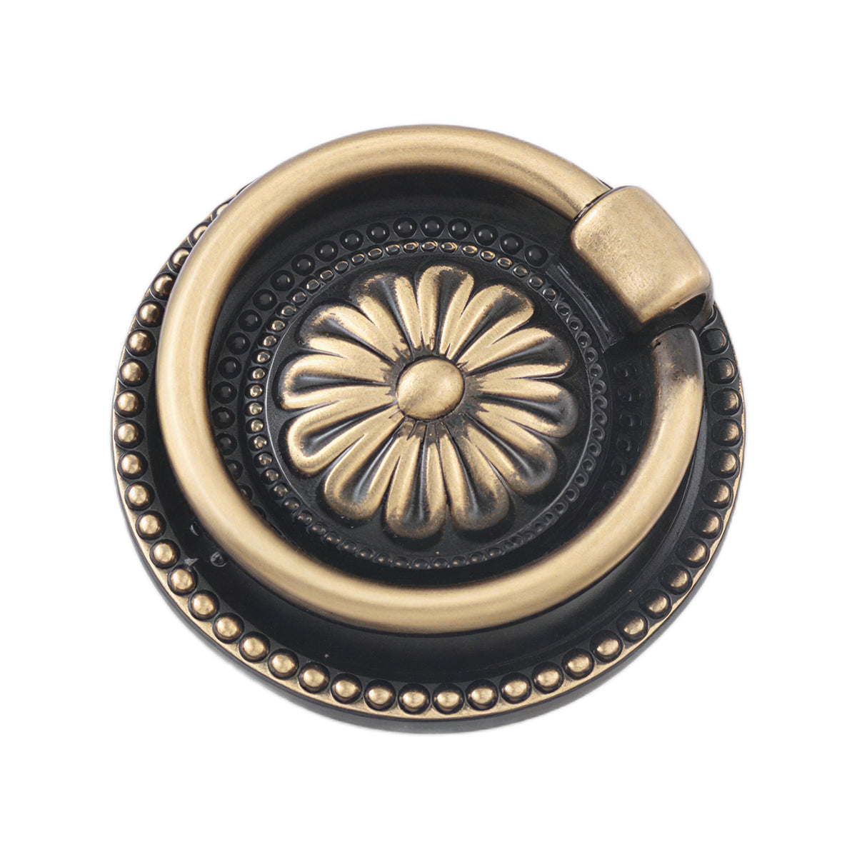 Bronze-tone floral ring pull with a round beaded backplate, 30 mm.