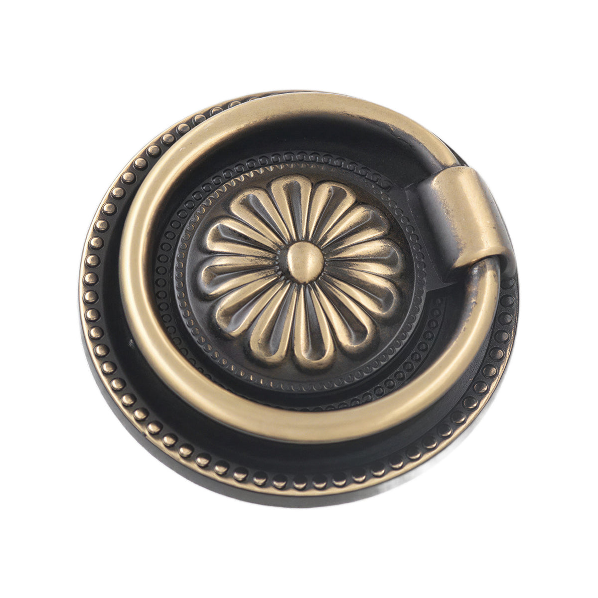 Bronze-tone floral ring pull with a round beaded backplate, 45 mm.