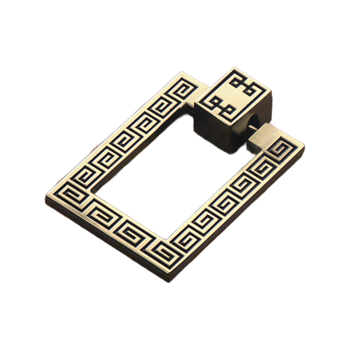 Coffee brown and brass-tone square ring pull with a Greek key pattern, option No. 4.