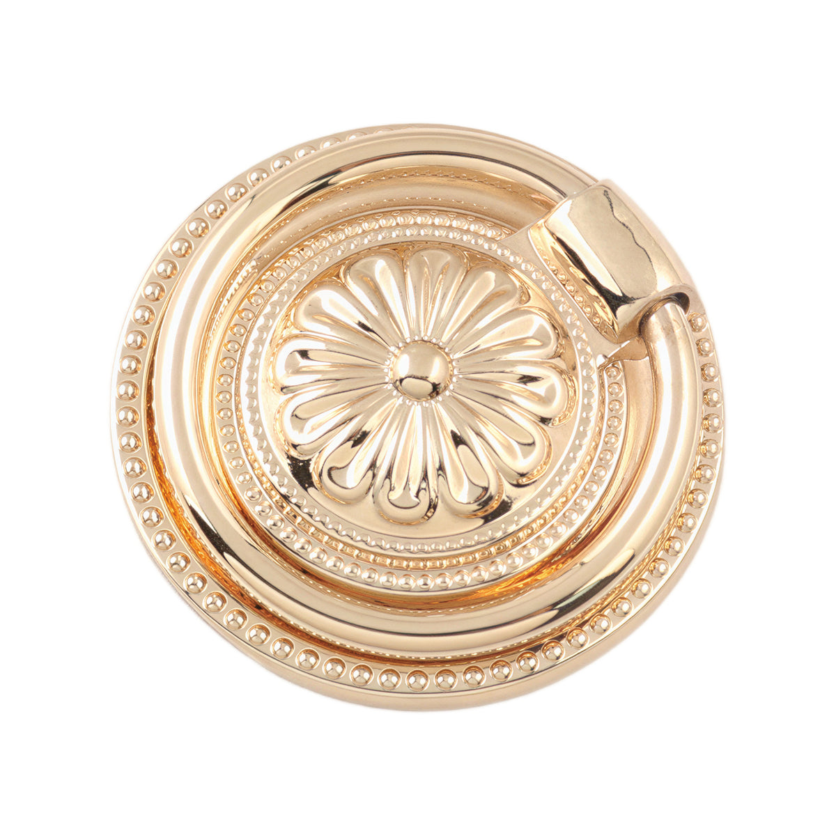 Gold-tone floral ring pull with a round beaded backplate, 45 mm.